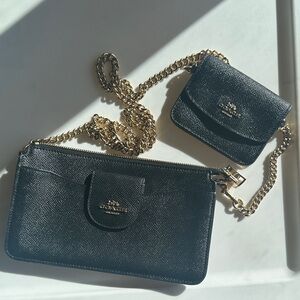 Coach Black Leather Clutch and Wristlet Set with Gold Chain